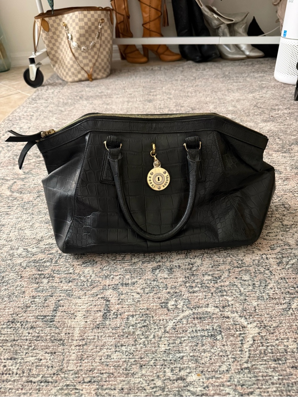 henri bendel Black Croc-Embossed Handbag with Gold Charm
